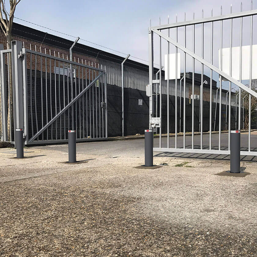 Semi atuomatic rising bollards installed to control the flow of traffic on a commercial premises