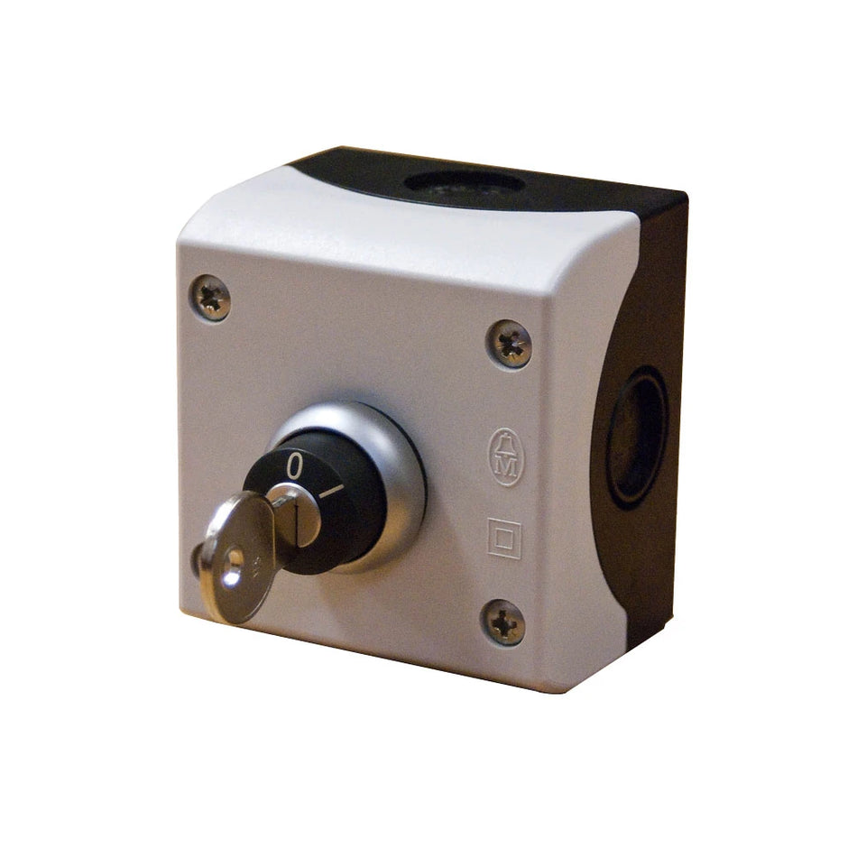 A compact metal electronic control module with a silver aluminum body, black end caps, a rotary switch, and a key in the lock, isolated on a white background.