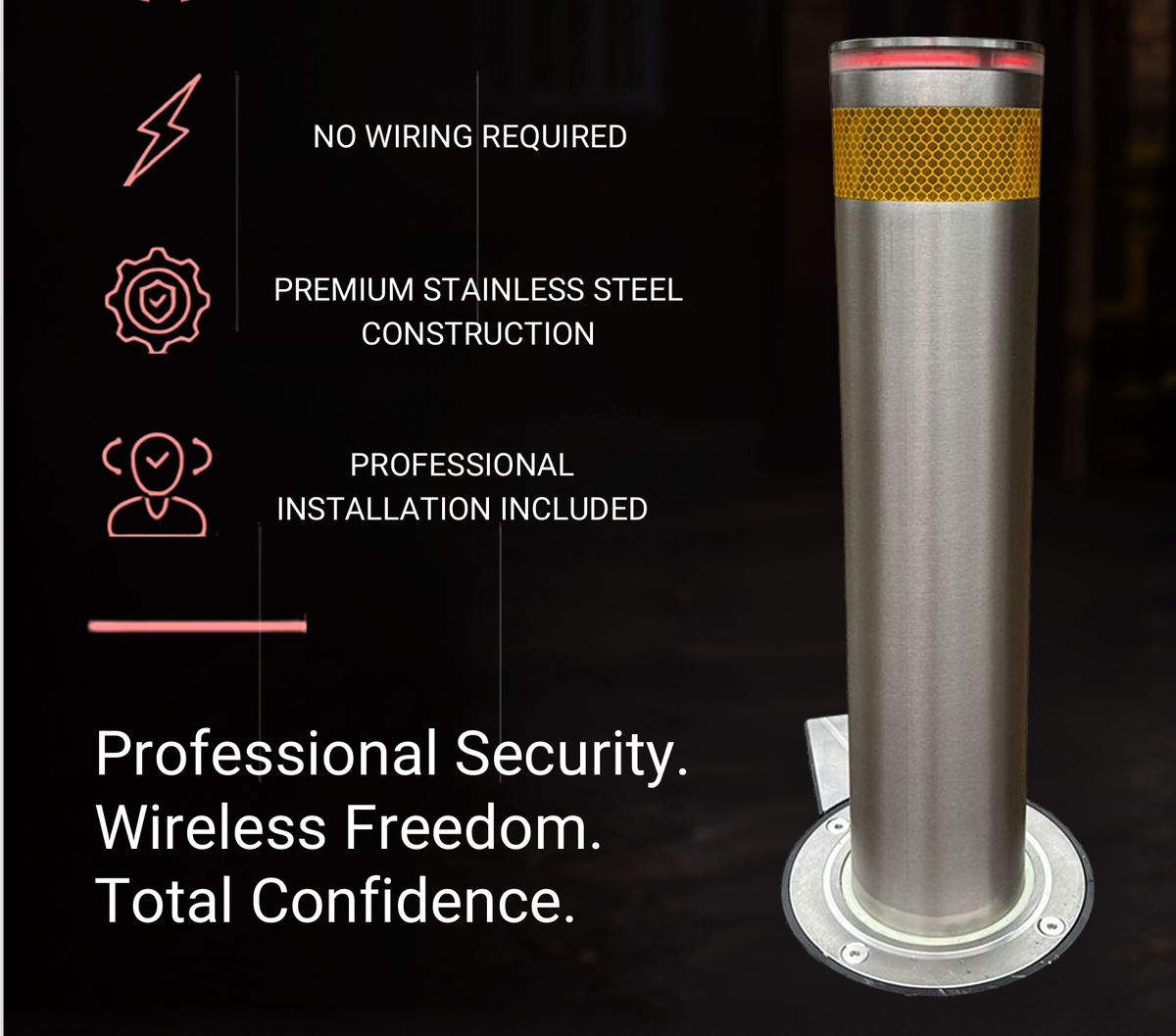 A stainless steel pop-up bollard with a reflective yellow band and red light, shown on a dark background with promotional text highlighting wireless installation, premium steel construction, and professional security benefits.