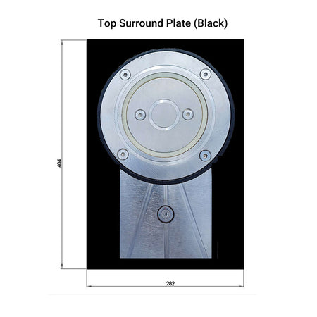 Top surround plate (black) with dimensions on a white background