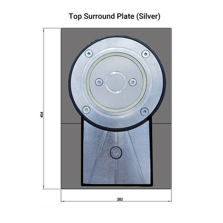 Silver top surround plate with dimensions on a gray background