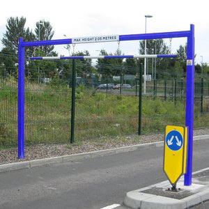 Fixed height restriction barrier in a Blue powder coated finish.