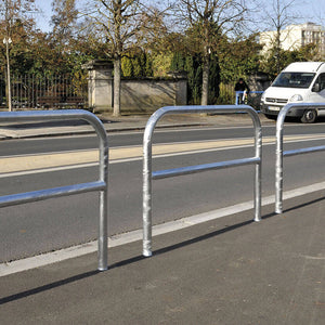 60mm static steel hoop barriers with a centre rail in a Galvanised finish.