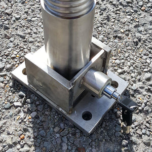 Bendy fold down parking post lock location and base plate.